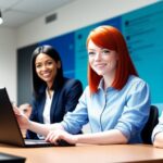Happy employees at work, using computers and internet
