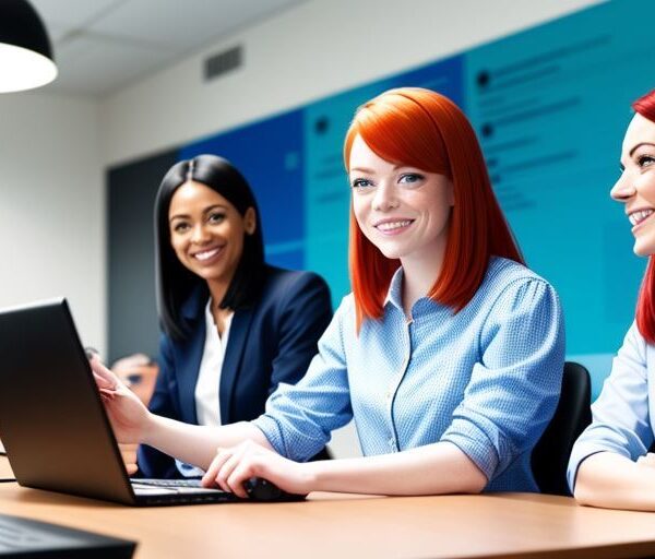 Happy employees at work, using computers and internet