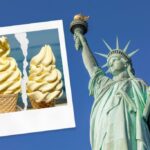 A torn up photo of 2 softee cones with Statue of Liberty in the background