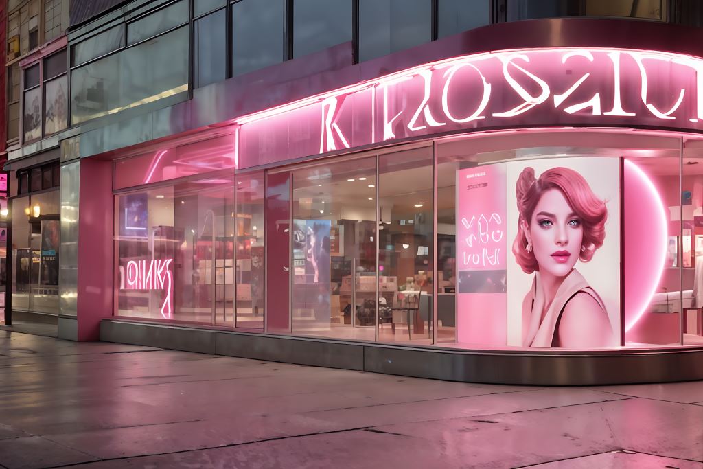 An AI drawn mockup of a beauty products brand store with different types of signages