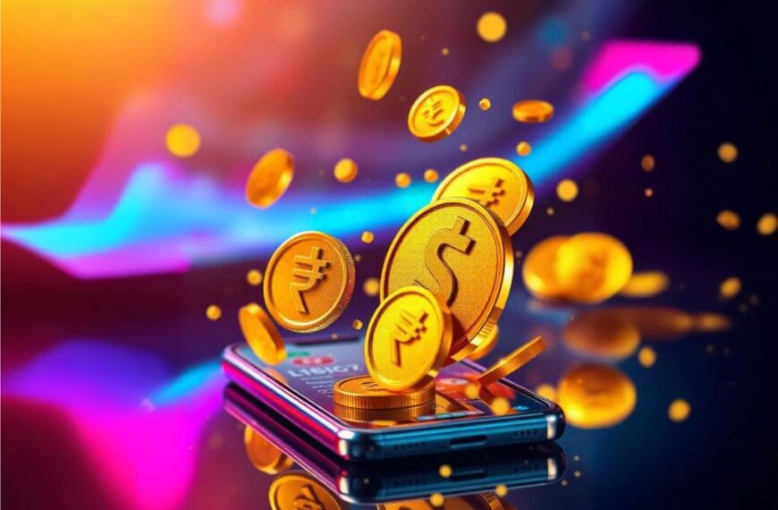 Digital art of international digital payments. Show a mobile phone in the background. Show shiny golden coins with Dollar and Rupee symbols coming in and out of the screen