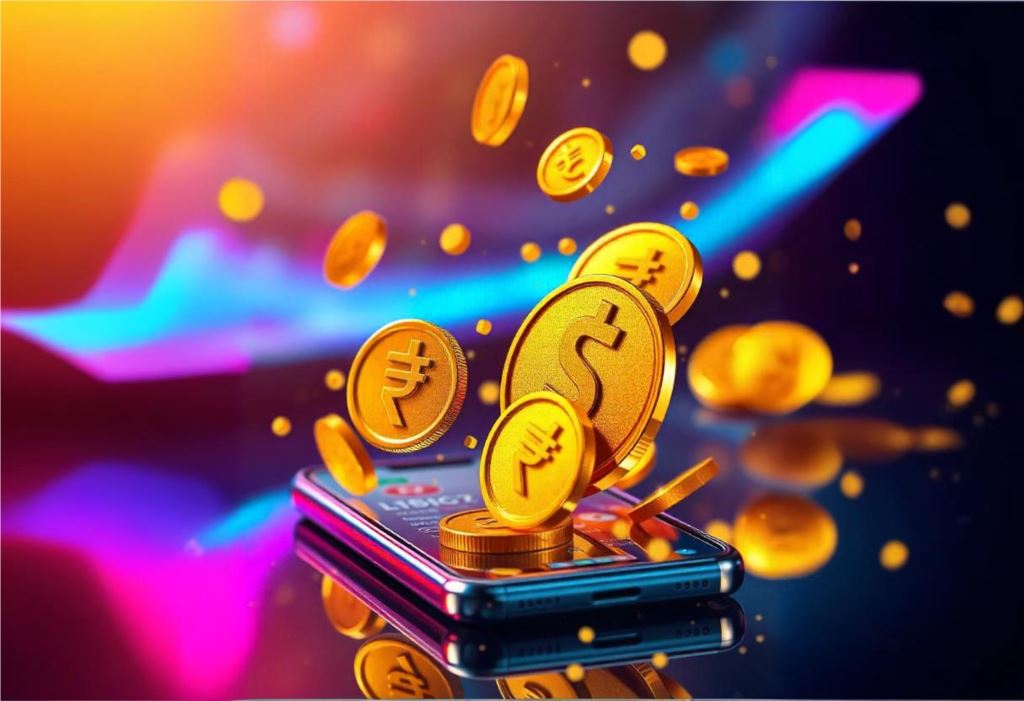 Digital art of international digital payments. Show a mobile phone in the background. Show shiny golden coins with Dollar and Rupee symbols coming in and out of the screen