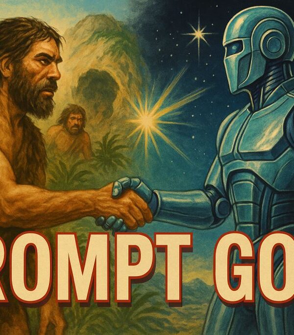 Prompt God image generated with ChatGPT. Image suggests an advanced futuristic being meeting primitive humans