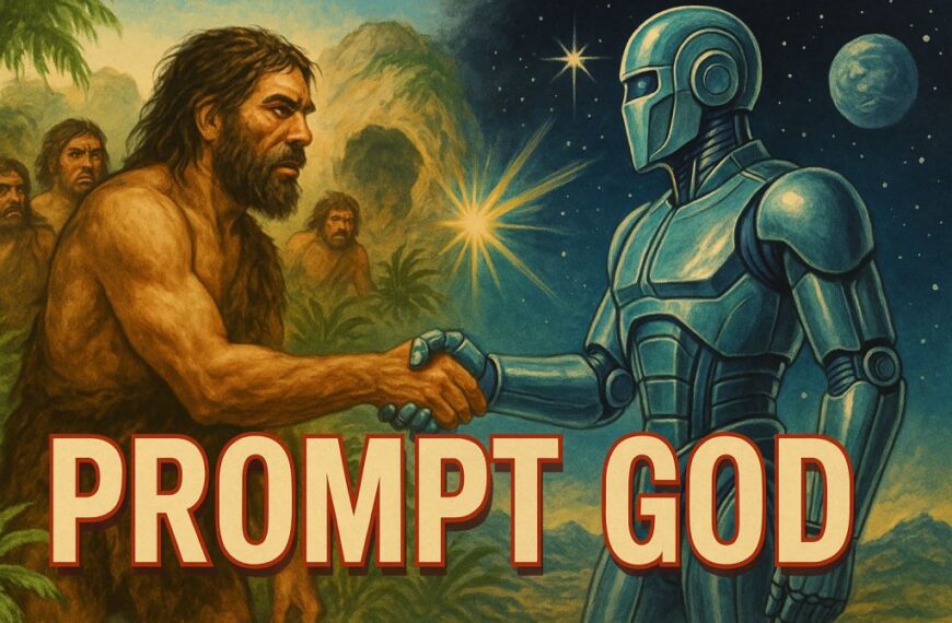 Prompt God image generated with ChatGPT. Image suggests an advanced futuristic being meeting primitive humans