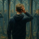 Man facing at a hall of mirrors with a confused posture as an expressionist allegory to the AI generated reality and the propagation of fake news