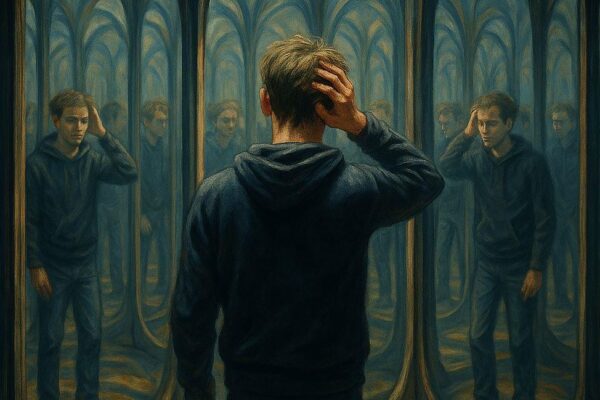 Man facing at a hall of mirrors with a confused posture as an expressionist allegory to the AI generated reality and the propagation of fake news