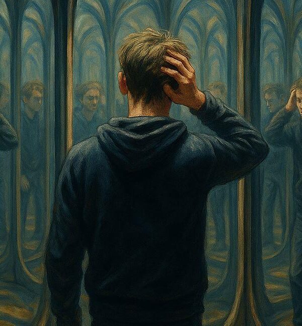 Man facing at a hall of mirrors with a confused posture as an expressionist allegory to the AI generated reality and the propagation of fake news