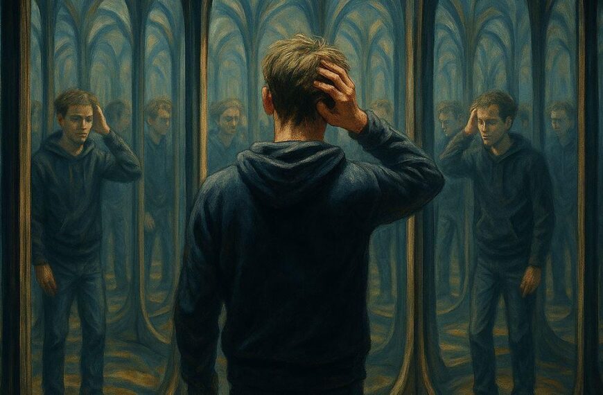 Man facing at a hall of mirrors with a confused posture as an expressionist allegory to the AI generated reality and the propagation of fake news