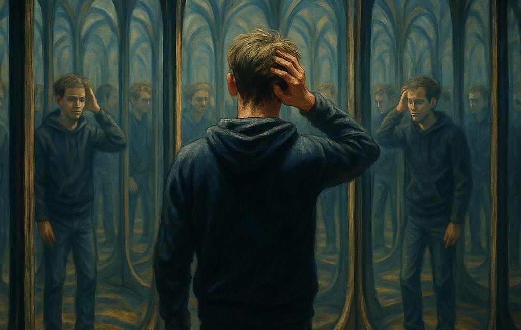 Man facing at a hall of mirrors with a confused posture as an expressionist allegory to the AI generated reality and the propagation of fake news